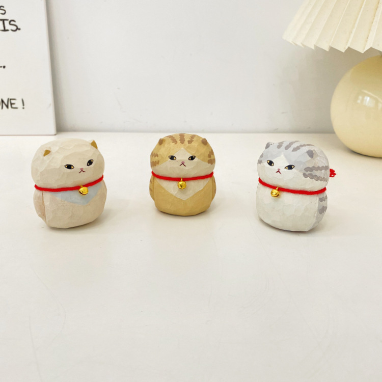 木小小手工木雕 玲铛小猫 办公室桌面摆件车载挂饰钥匙扣创意礼物