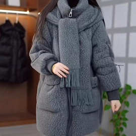 雪儿绒保暖围巾连帽加厚中长款羽绒服女2025冬季鸭绒新款防寒外套