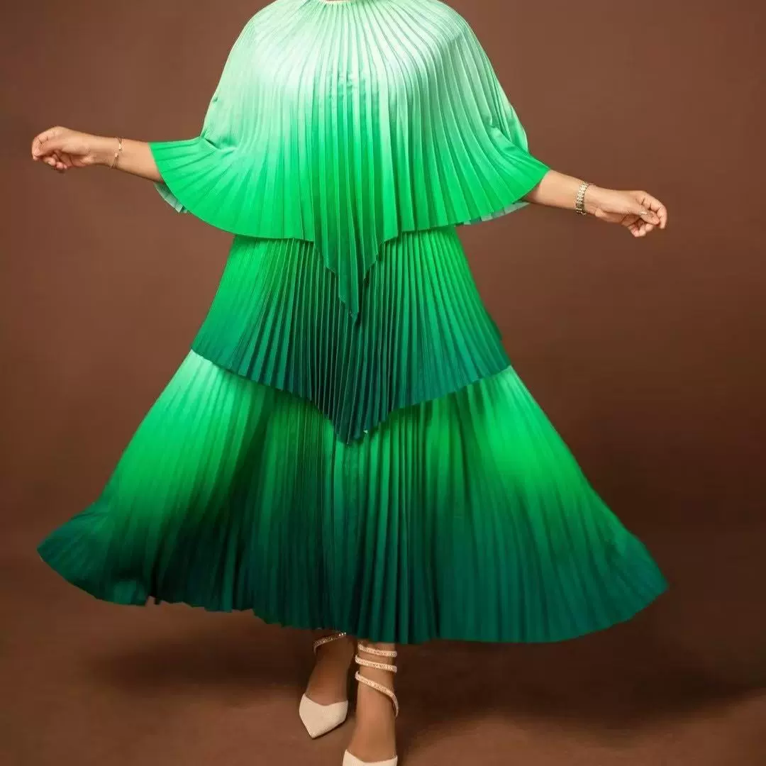 跨境miyaki非洲民族风连衣裙压褶渐变色时尚休闲大码女套装两件套