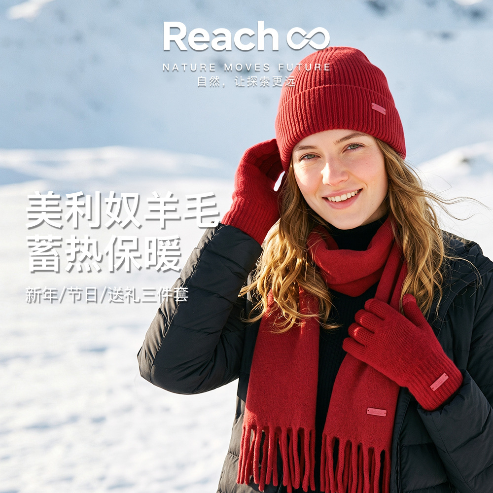Cross-Border Winter Knitted Gloves, Hat, Scarf Three-Piece Set, Merino Wool Warm Hat, Women's Touch Screen Gloves