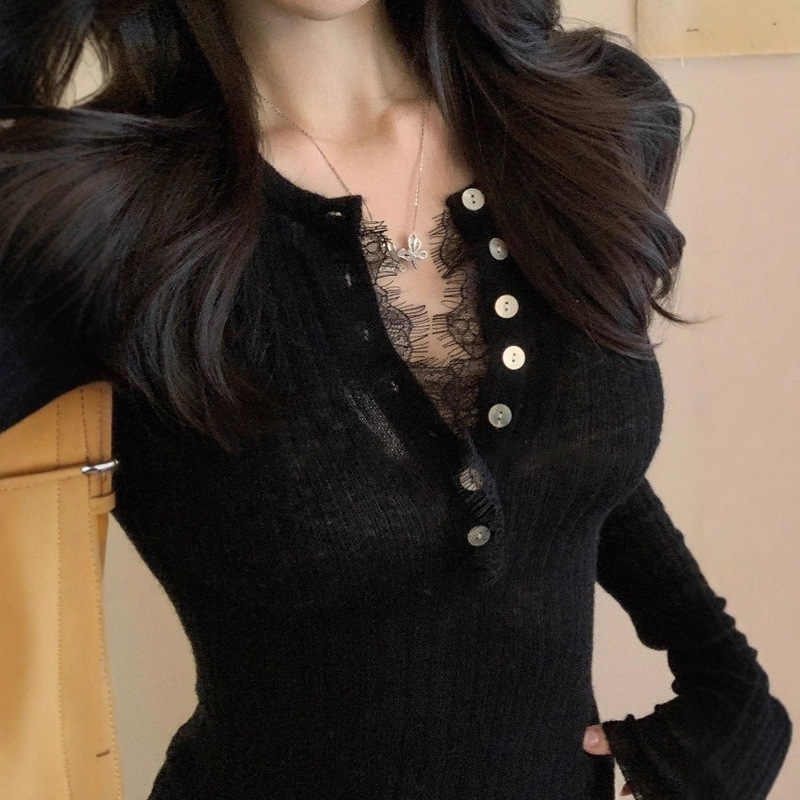 Wool Slightly See-Through Pit Knitwear Eyelash Lace Buttoned Long-Sleeved T-Shirt Pure Lust Top