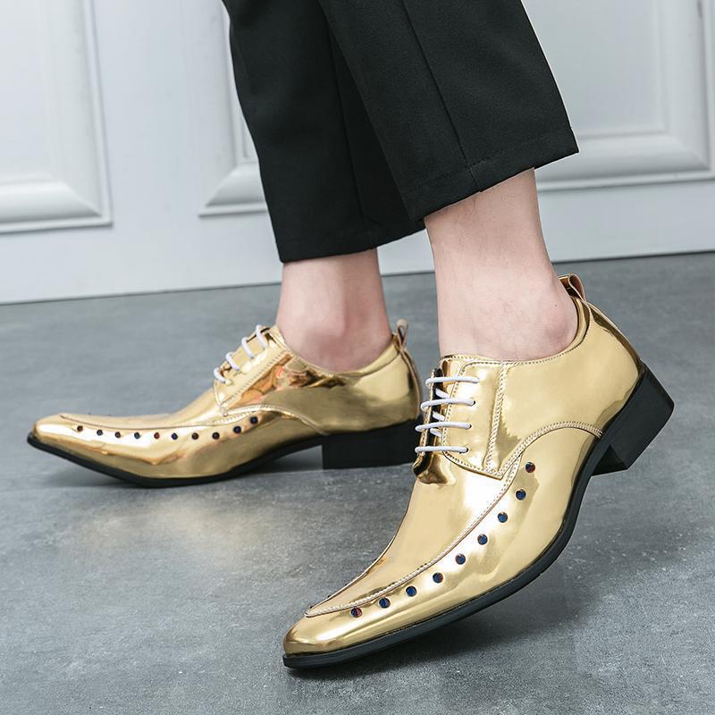 Zapatos de cuero dorados azules de Chelsea para hombres de verano británicos retrógrados de un pedazo transpirables zapatos de cuero de punta image 5