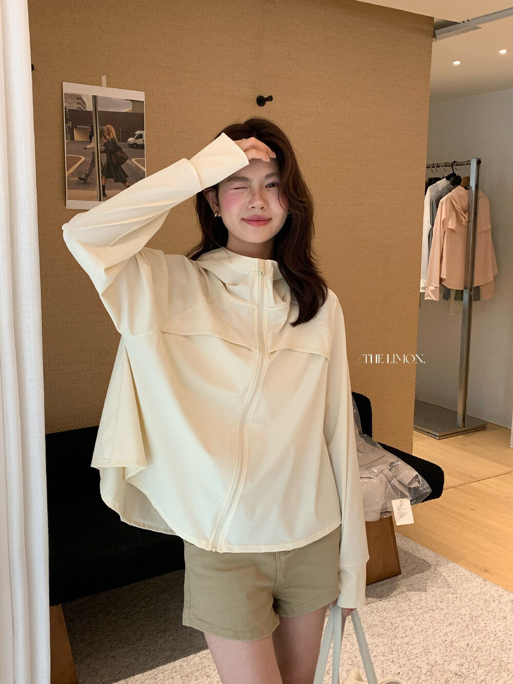 Áo chống nắng nữ dáng dài có mũ kéo khóa tay ngắn phong cách thoải mái — Vàng nhạt, hồng nhạt, màu trắng, màu xám chi tiết 22