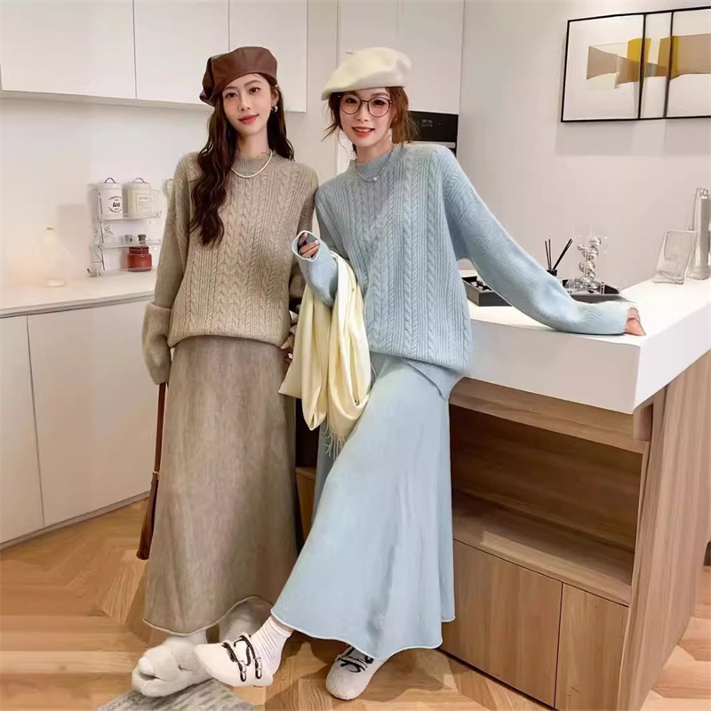 Autumn and Winter 2024 New Korean Style Wear Knitted suit Casual Lazy Style Loose Sweater Skirt Two-Piece Set