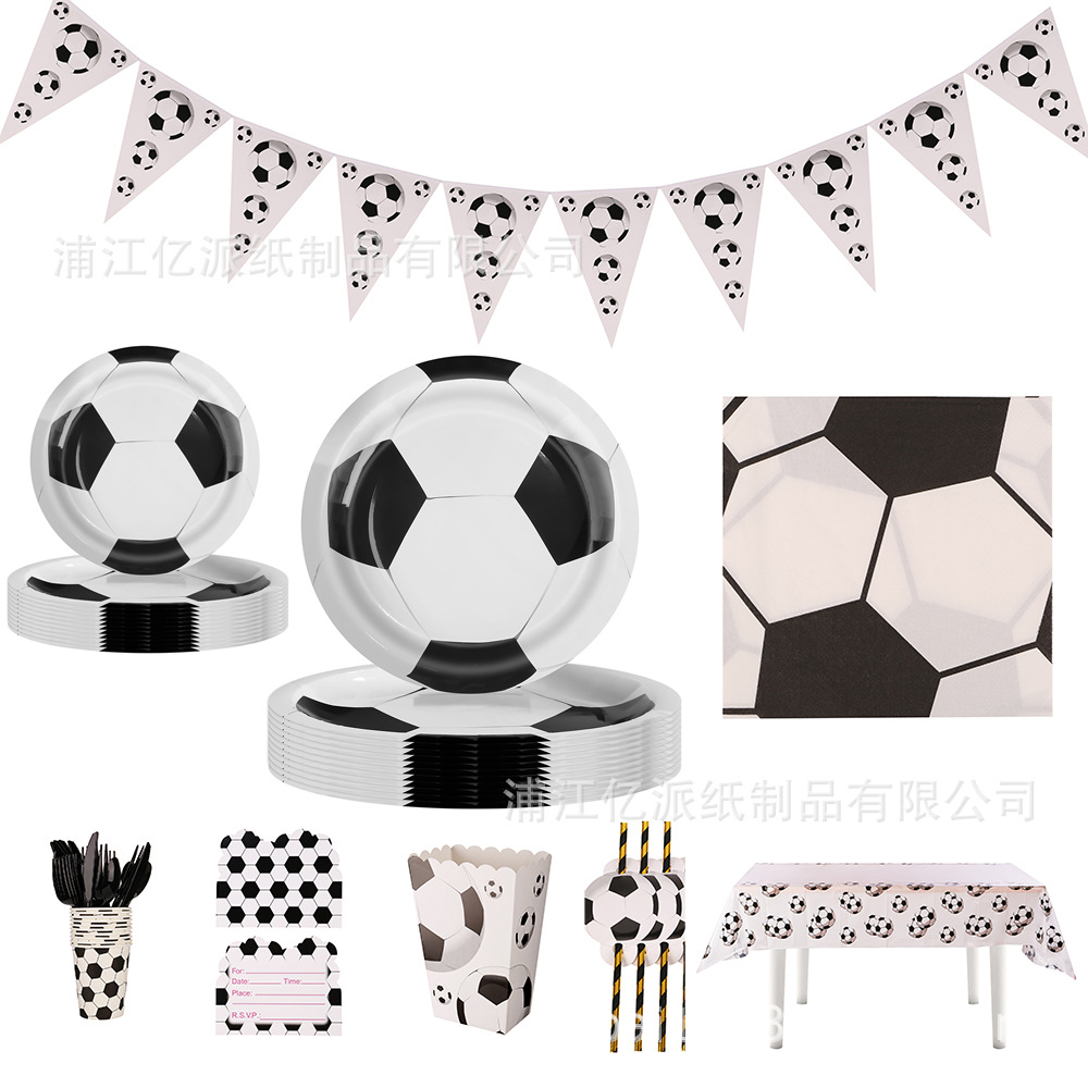 Nuevos suministros para fiestas de fútbol blanco, arreglos para fiestas de cumpleaños para niños, vajillas desechables, bandejas de papel, vasos de papel, manteles de toallas de papel