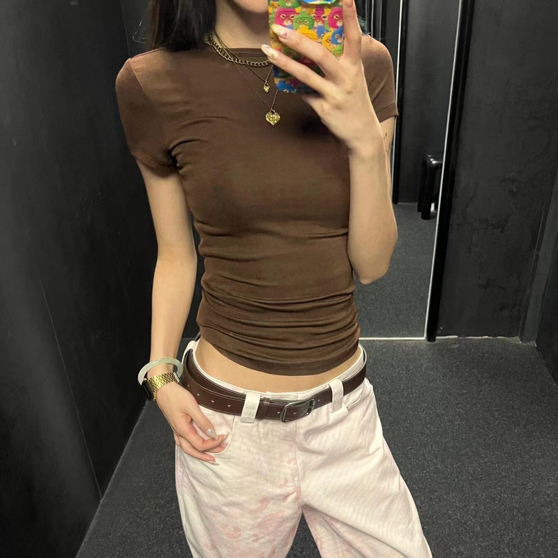 Niche alrigh * t Letter Embroidery Crewneck Slim-fit Slim Shoulder T-shirt Women's Summer All-match Basic Hourglass tee Niche alrigh * t Letter Embroidery Crewneck Slim-fit Slim Shoulder T-shirt Women's Summer All-match Basic Hourglass tee