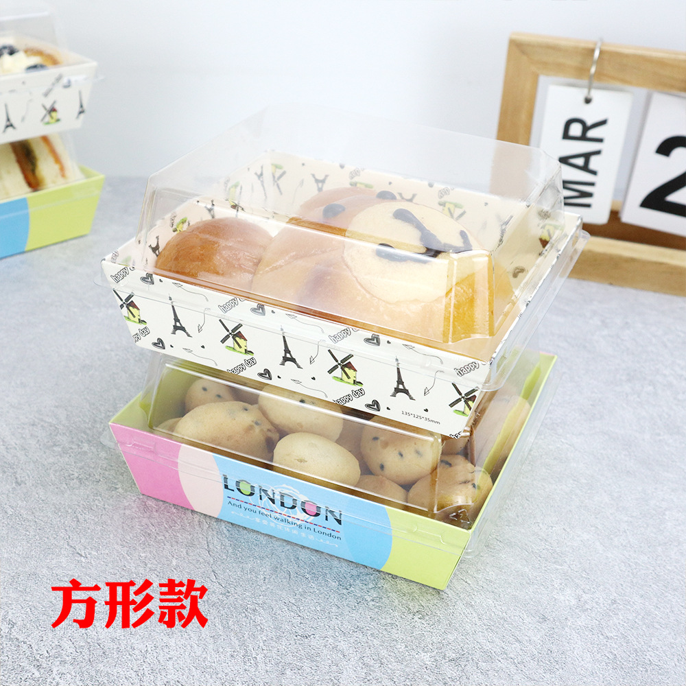 Caja de embalaje de rollos de pastel, caja de embalaje rectangular de sándwich, cajas de papel y plástico cuadradas de tiramisu.