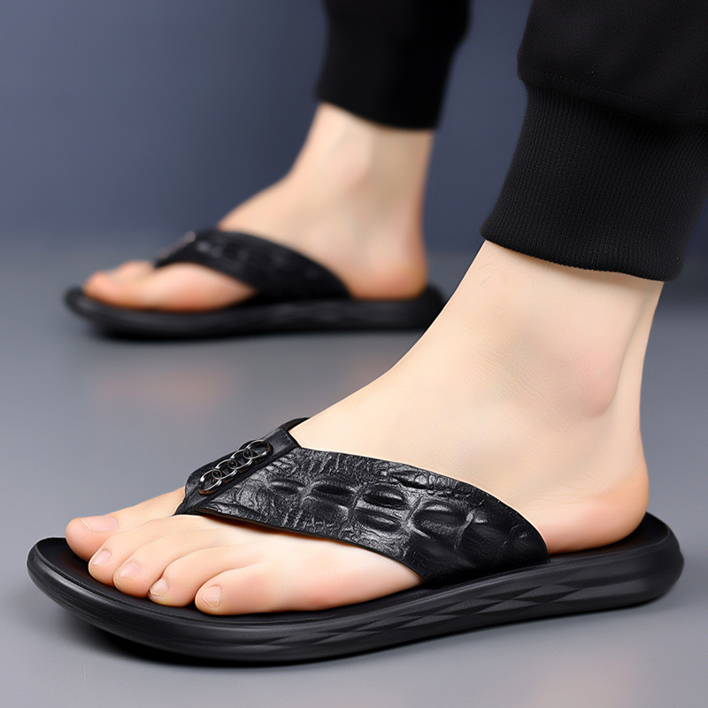 Slippers Men's Shoes Cow Leather Crocodile Pattern Fashion Flip-Flops Flip-Flops Flip-Flops Beach Shoes Sandals Summer Outdoor Sandals