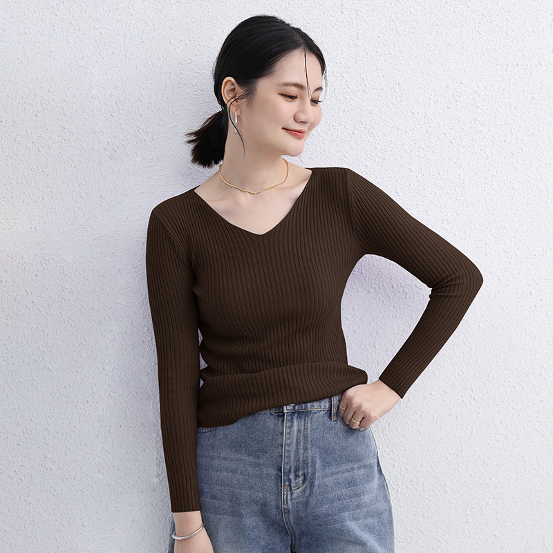 Suéter de las mujeres Otoño e Invierno japonés SLIM-Fit multicolor sin costuras suéter con cuello en V estilo occidental ropa interior de manga larga Top apretado Letian