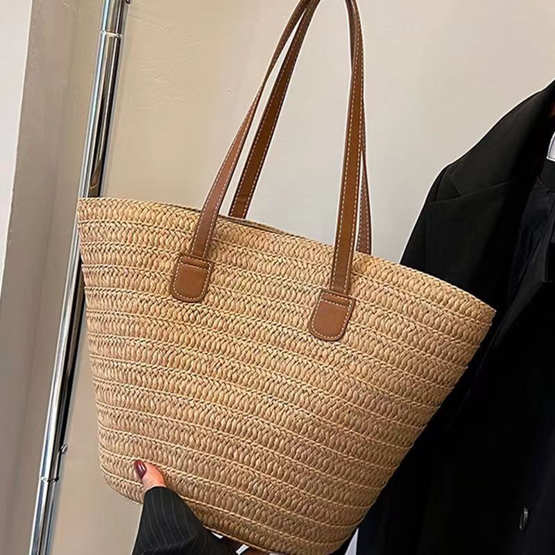Women's Large Straw Solid Color Vacation Beach Weave Zipper Straw Bag display picture 2