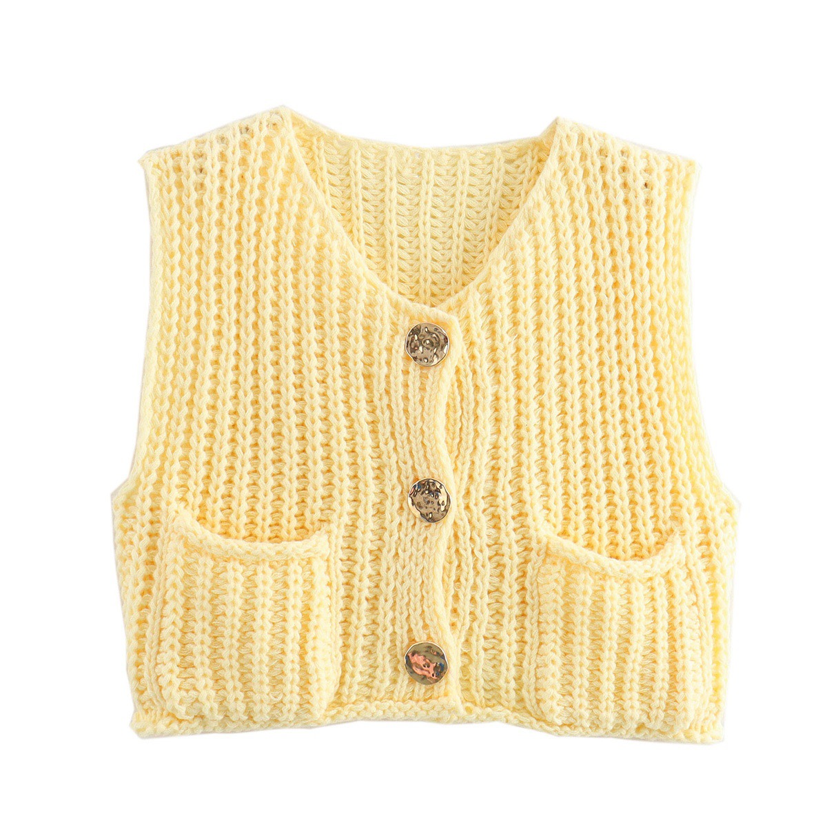 Venta rápida explosión de otoño y invierno 2024 nueva ropa de mujer bolsillo de estilo europeo y americano sin mangas chaleco de punto corto cardigans chaleco