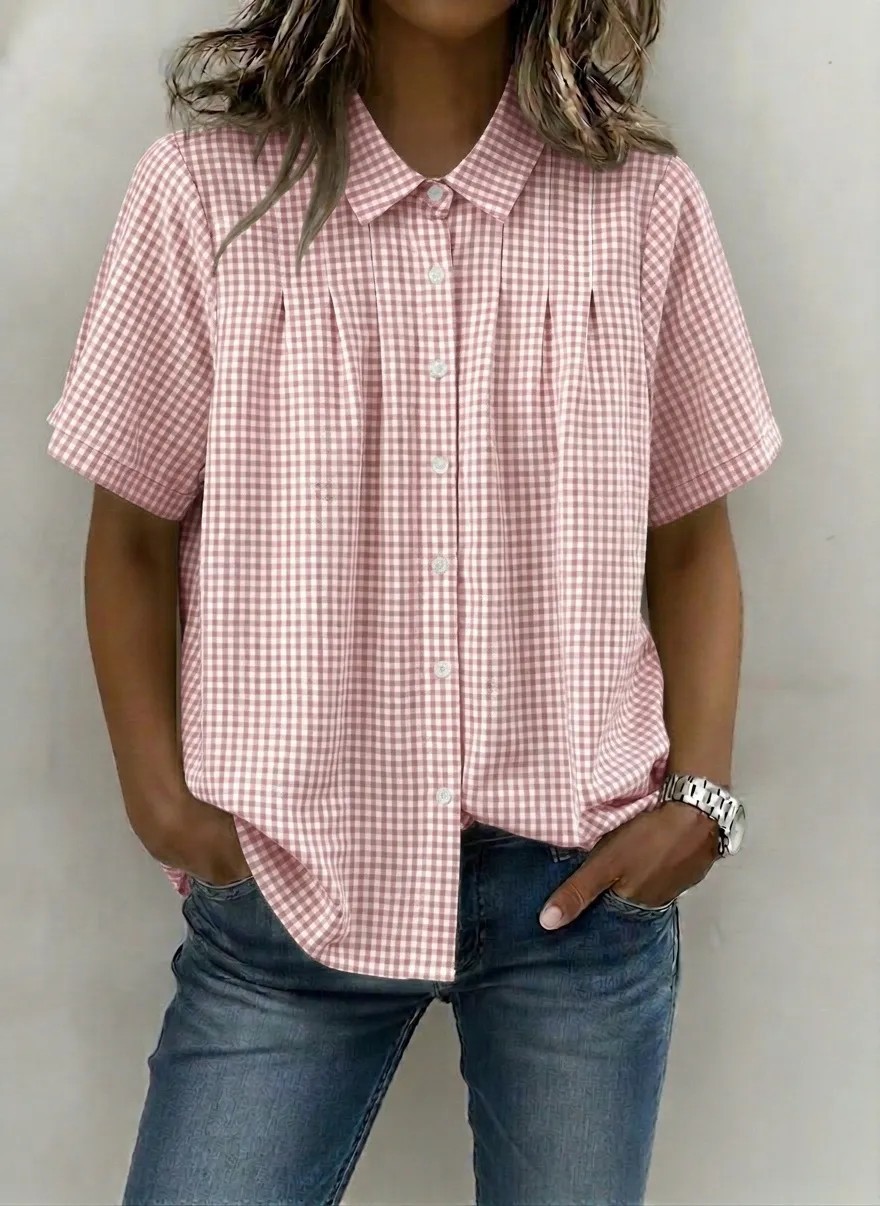 Women's Clothing Summer Women's Plaid Short Sleeve Shirt Casual Lapel Fashionable Versatile Style Top For Formal & Casual For Women_ecoleips.com