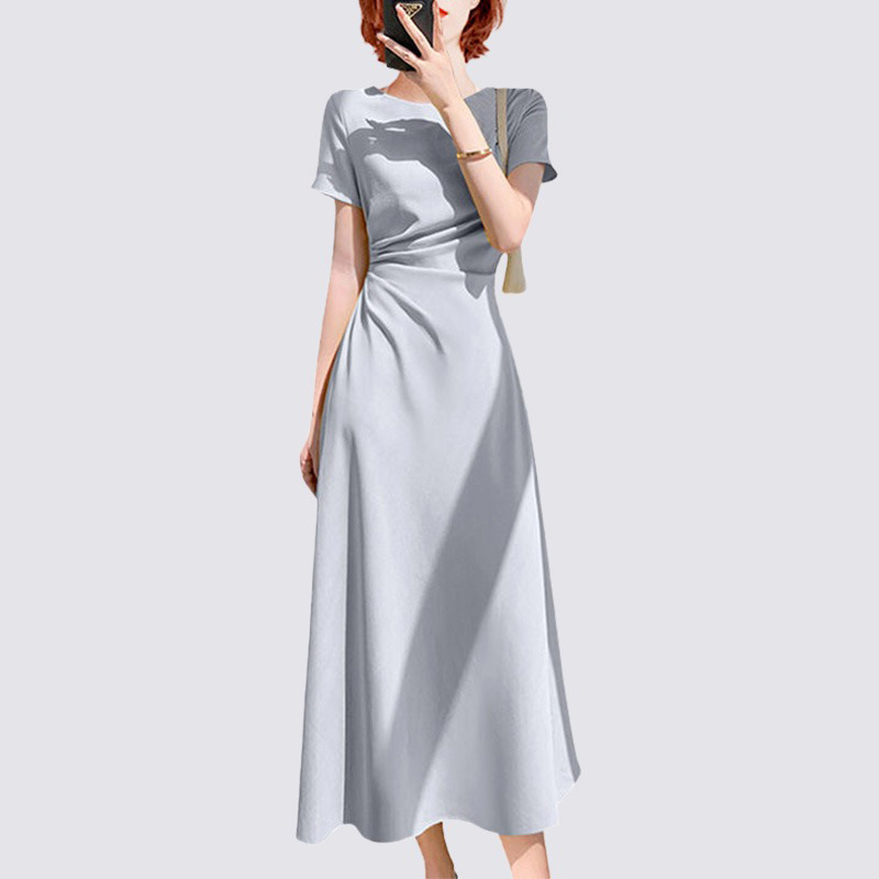 Gentle Style First Love Solid Color Round Neck Short-Sleeved Dress for Women Summer 2026 New French Style Elegant Bodycon Long Dress Gentle Style First Love Solid Color Round Neck Short-Sleeved Dress for Women Summer 2026 New French Style Elegant Bodycon Long Dress