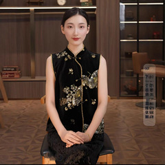 真丝丝绒手工钉珠盘扣开衫马甲文艺百搭新品新中式国风气质上衣坎