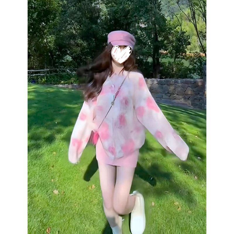 2025韩系粉色慵懒风花朵毛衣开衫女秋冬新款宽松针织上衣短裙套装|undefined