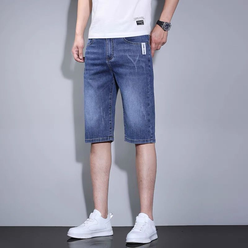 Summer Thin Men's Denim Shorts, Stretchy Loose Straight-Leg, Mid-Length Cropped Jeans for Middle-Aged Men, Durable Denim Shorts