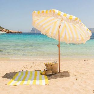 ✅ Cross-Border 2m Yellow Striped Umbrella with Tassels Outdoor Sunshade Beach Umbrella Courtyard Camping Style Sun Umbrella
