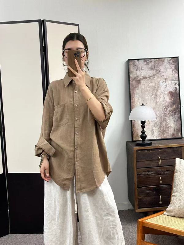 2025秋季韩版宽松简约砂洗亚麻贴布口袋中长款衬衫开衫百搭衬衣女|undefined