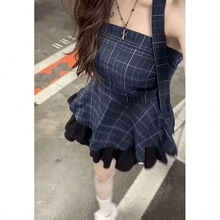 藏青色复古辣妹格子飘带挂脖抹胸背心女装夏季穿搭设计感修身上衣