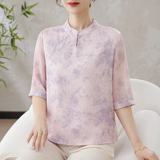 2026中老年女装妈妈夏装立领七分袖上衣中年洋气减龄小衫百搭套装