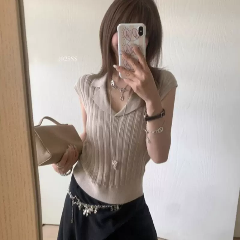 “艺术学姐”高智感山羊绒羊毛轻薄舒适拼接领Polo针织衫中长袖