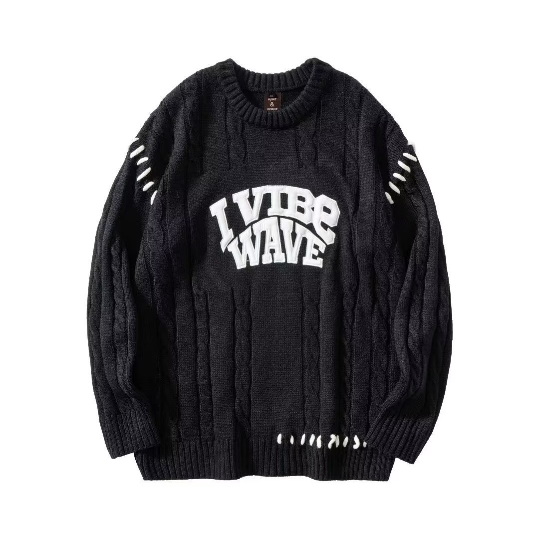 Trendy Feel Lonely National Tide diseño original sentido alfabeto bordado correas torcido cuello redondo suéter de nicho hombre