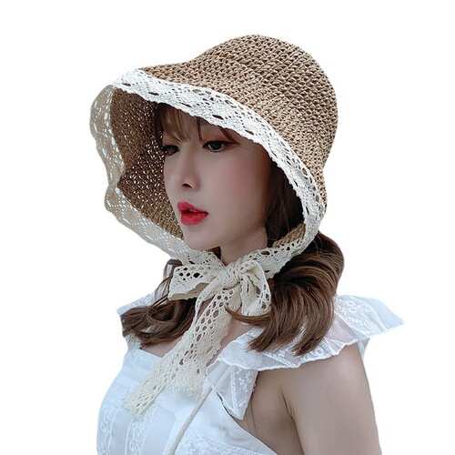 Influencer grass hat women summer lace tie beach hat fresh and simple seaside travel vacation sun protection sunshade hat strap