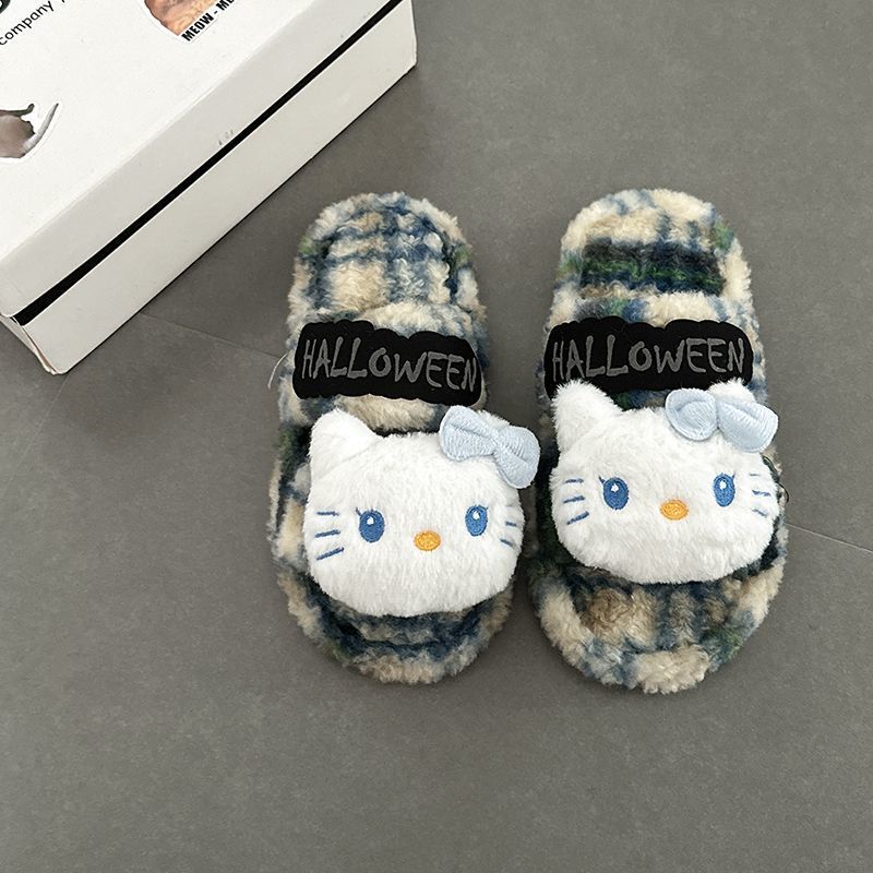 可爱格纹卡通凯蒂猫厚底增高毛毛拖鞋女2025秋冬新时尚一字棉拖鞋|undefined