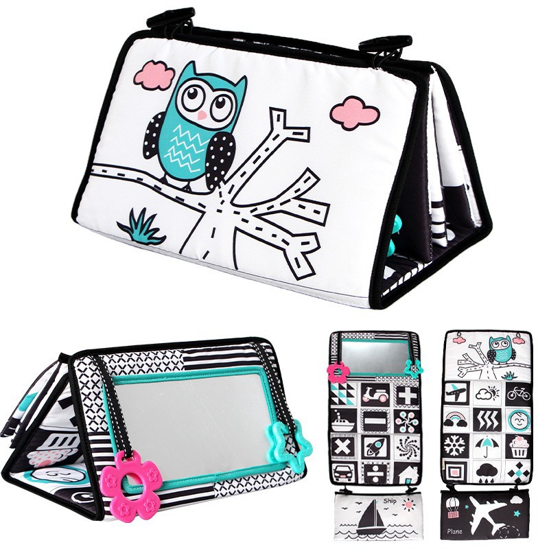 Newborn Baby Toy Black and White Two-in-One Baby Floor Mirror, Riding Backseat Hanging Decor, Foldable Cloth Book