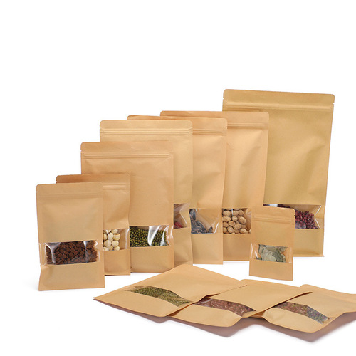 Wholesale Bottom Flat Windowed Yellow Cowhide Paper Sealed Bag Self-Sealing Bag Peanuts Red Dates Goji Berries Nuts Packaging Bag 