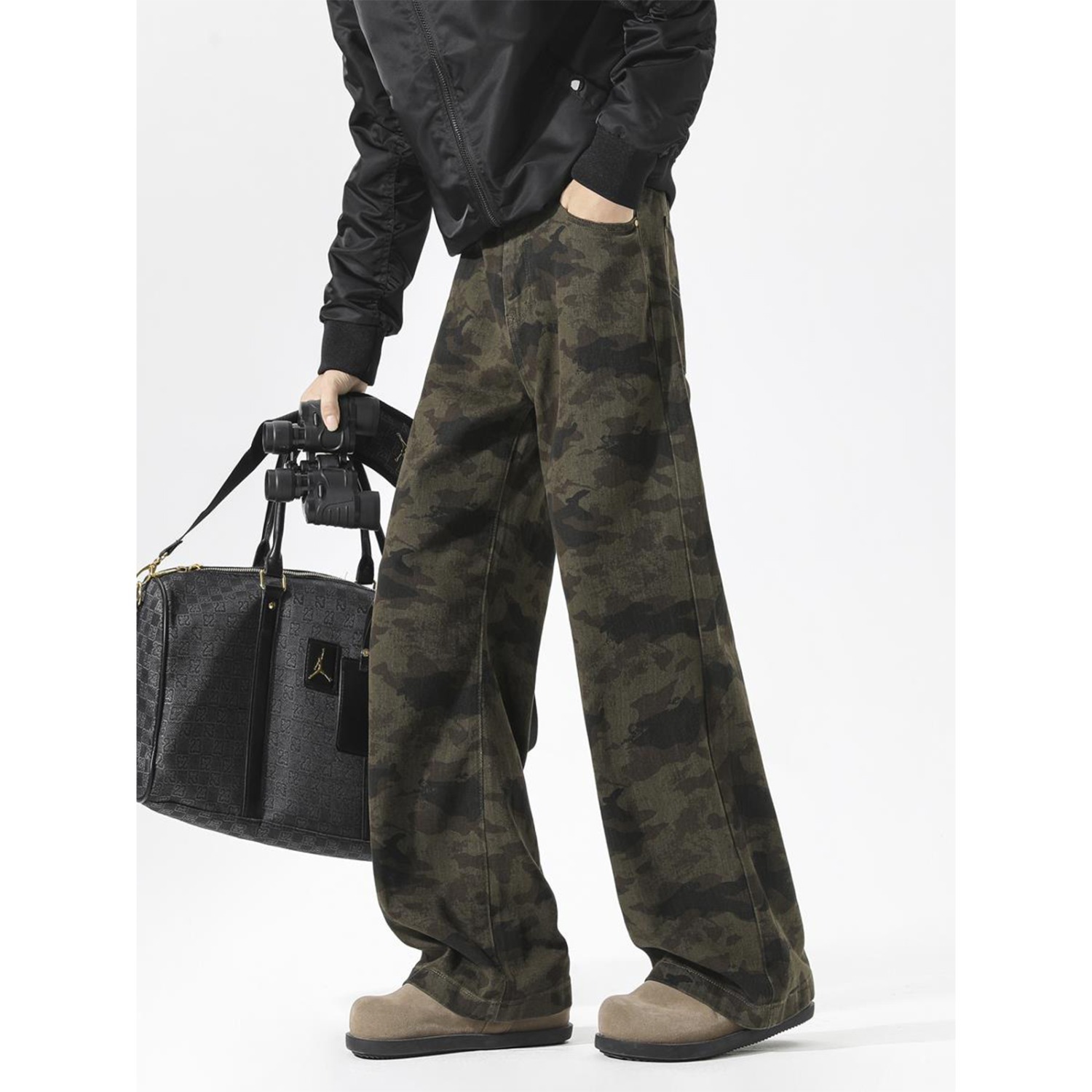 Primavera y otoño estilo americano callejera universal camuflaje pantalones de trabajo delgados rectos vibe micropantalones jeans para hombres y mujeres