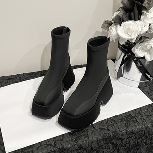 Autumn New Thick Bottom Increased Stretch Thin Boots Women's Rear Zipper Chelsea Boots Small Black Short Boots Socks