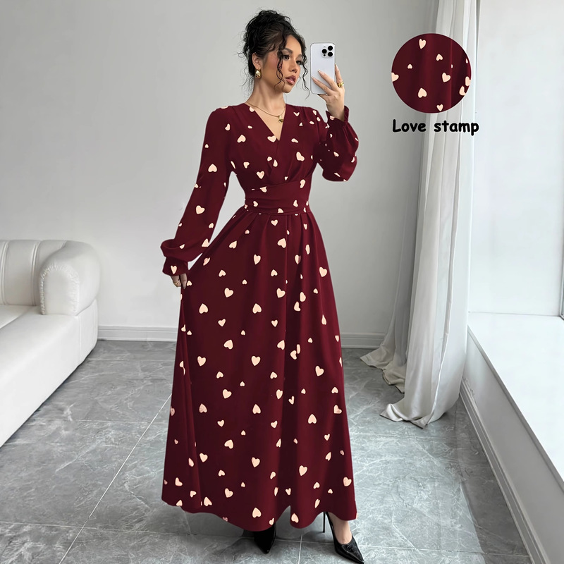 Cross-Border Spring and Autumn Romantic Heart-Shaped Elegant Printed V-Neck Long-Sleeved Waist-Cinching Dress