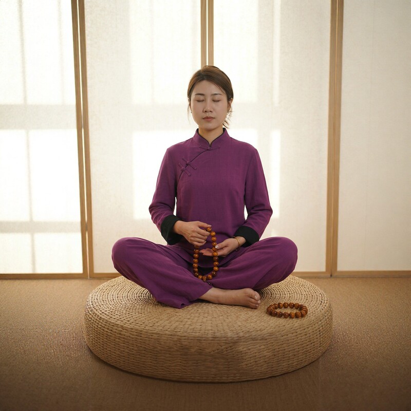 New Chinese-Style Zen Tea Attire for Women, Linen Suit for Spring and Autumn, Zen Meditation Layperson Clothing with Traditional Chinese Buttons, Cotton and Linen Health-Preserving Workwear