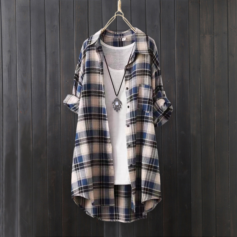 Cross-Border Shirt Plaid Shirt Mid-Length Loose Large Size Sun Protection Shirt Thin Jacket Cotton and Linen Top Retro