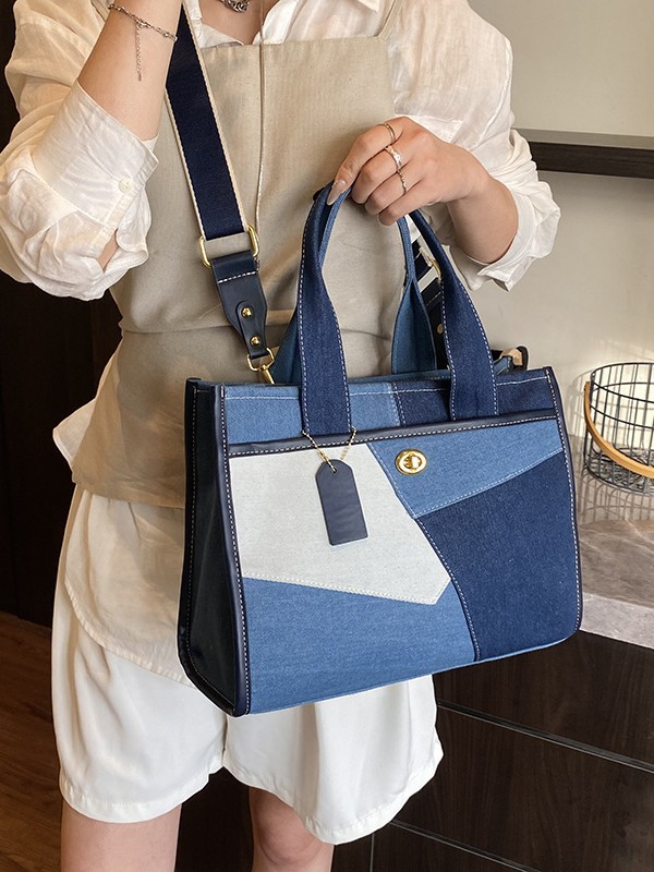 Bolsos para mujer 2025 nuevo estilo transfronterizo de mezclilla costura de contraste de color bolso portátil portátil bolso de mensajero de hombro de viaje de ocio