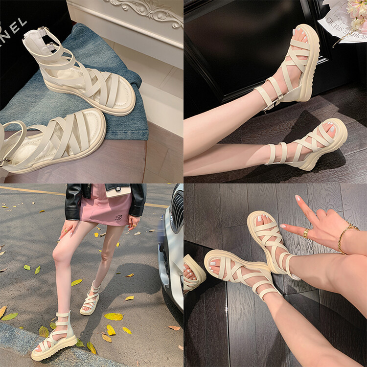 Sandal đế dày nữ da bò quai chéo hở ngón cao cổ mùa hè — Màu đen, Màu trắng be chi tiết 1