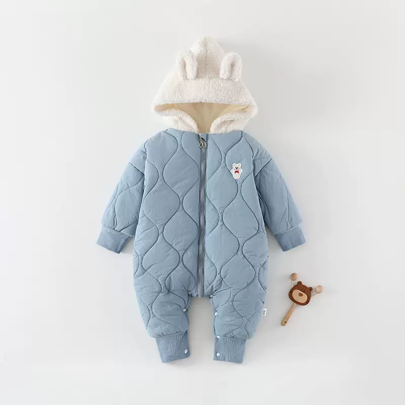婴儿羽绒棉连体衣180克棉防风带帽拉链款爬爬服哈衣保暖户外
