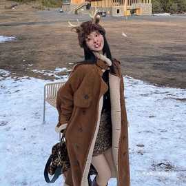 2025冬季新款防风保暖加厚加绒仿羊羔毛皮毛一体长款时尚大衣外套