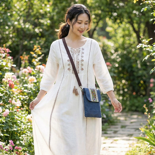 Ethnic-style embroidered canvas bag small square purse women's embroidered shoulder crossbody bag casual versatile coin and phone bag