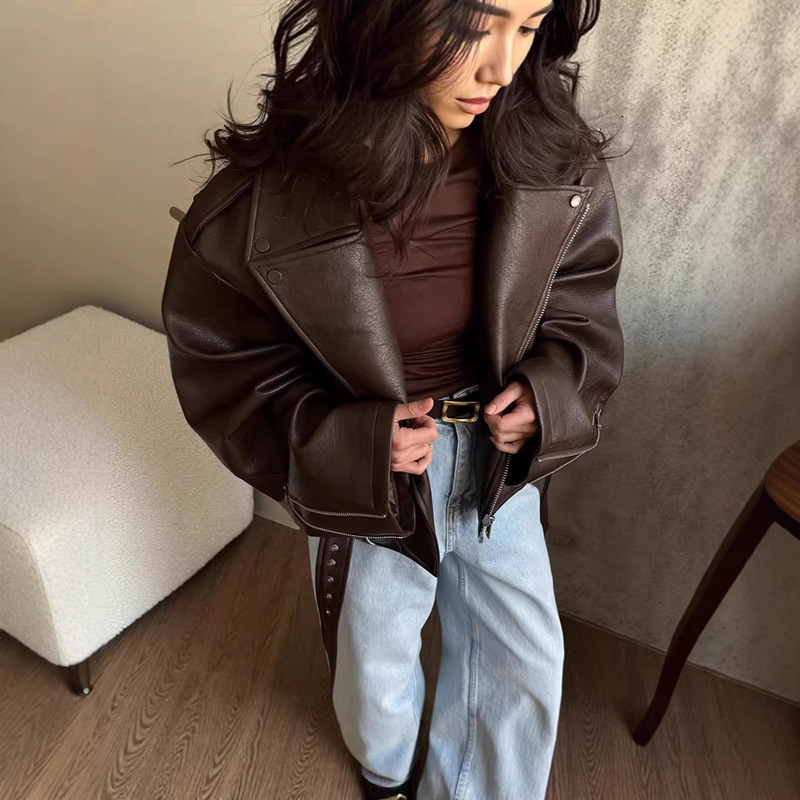 European and American Cross-Border Women's Fashion High-End Design New Stylish Lapel Short Lace-Up Trendy Ins-Style Brown Leather Jacket European and American Cross-Border Women's Fashion High-End Design New Stylish Lapel Short Lace-Up Trendy Ins-Style Brown Leather Jacket