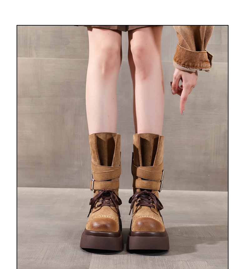 Giày boot nữ đế dày nâng chiều cao phong cách retro, khóa thắt lưng — đen chi tiết 10