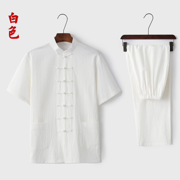 2019 nuevo verano algodón y lino traje Tang traje de manga corta ropa de Tai Chi para hombres de mediana edad y ancianos ropa Zen ropa de té ropa Ju Shi