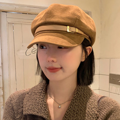 复古麂皮绒皮带扣棕色贝雷帽女秋显脸小八角帽大头围日系报童帽子