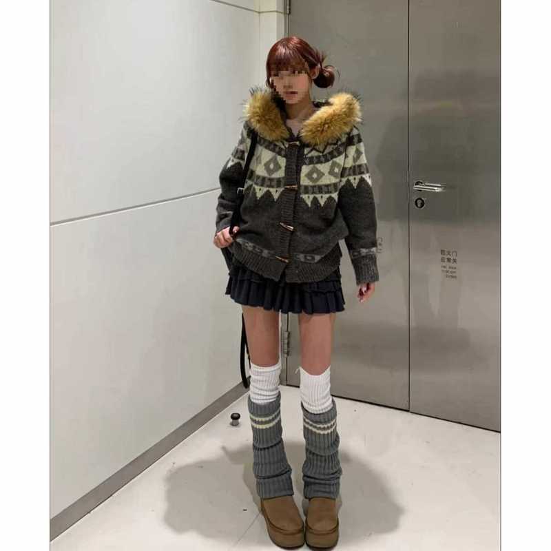 【大版】秋冬季加厚撞色费尔岛提花可拆卸毛领针织衫设计感毛衣外|undefined