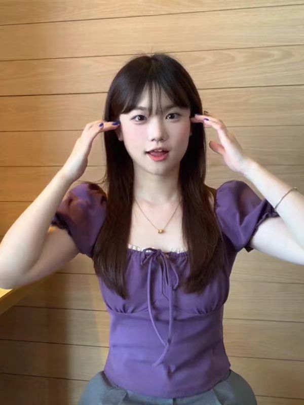 Jian Man Ni 韓国風レーススクエアネック半袖 Tシャツレディース夏デザインニッチスリムフィットパフスリーブトップ|undefined