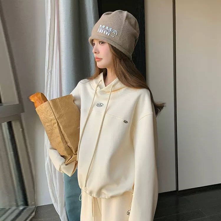 秋冬新款chic韩系时尚百搭连帽卫衣阔腿裤套装女加绒保暖两件套潮