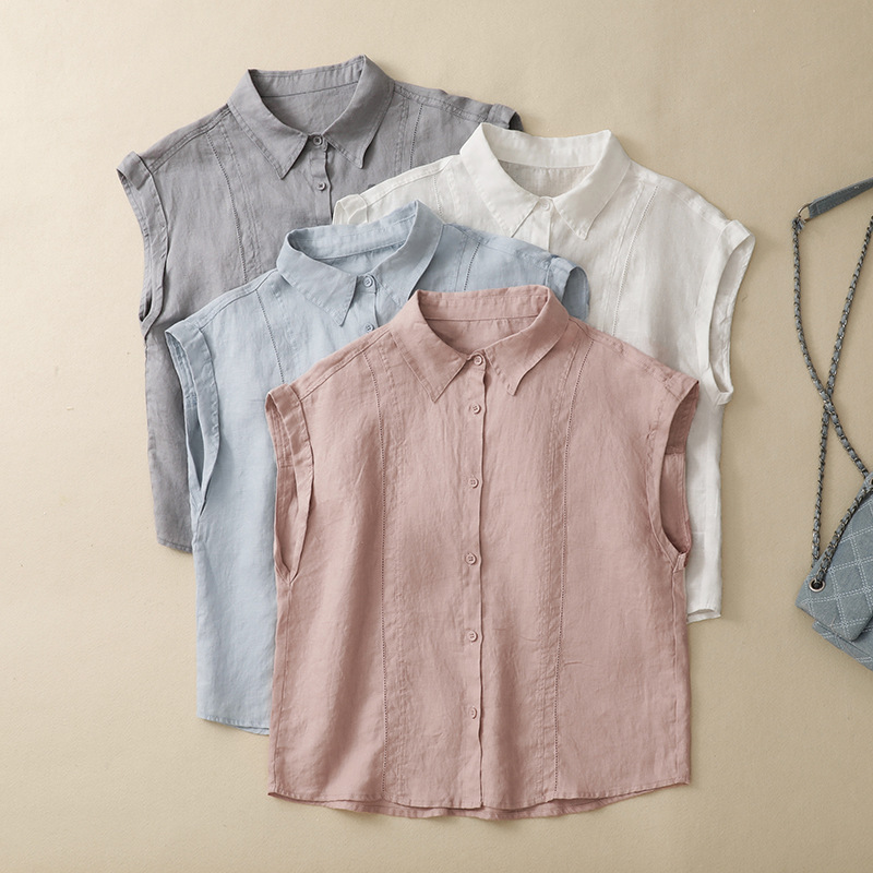 2026 Summer Korean Style Fashion Solid Color Embroidered Hollow Out Slimming Casual Design Shirt Collar Sleeveless Top 2026 Summer Korean Style Fashion Solid Color Embroidered Hollow Out Slimming Casual Design Shirt Collar Sleeveless Top