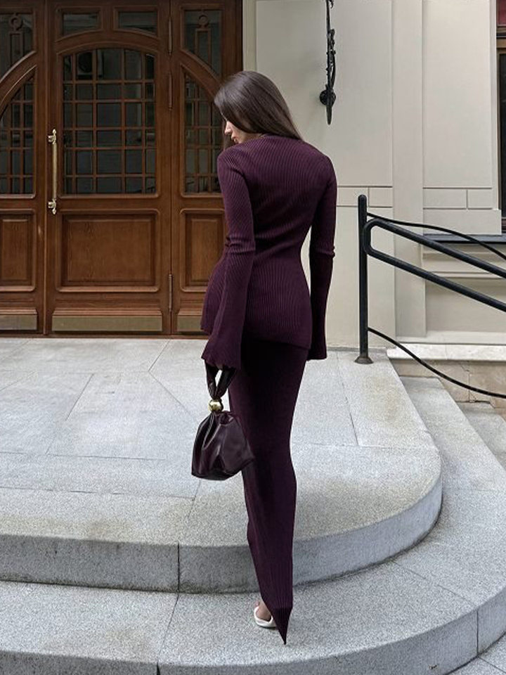 Bộ hai món áo cardigan dệt kim cổ chữ V gân sọc dài tay và chân váy dài cạp cao — Màu be, Màu tím chi tiết 24