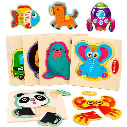 3D Puzzle for Children and Infants, Educational Toddler Intelligence Development Blocks, Cartoon Animal Car Wooden Toy